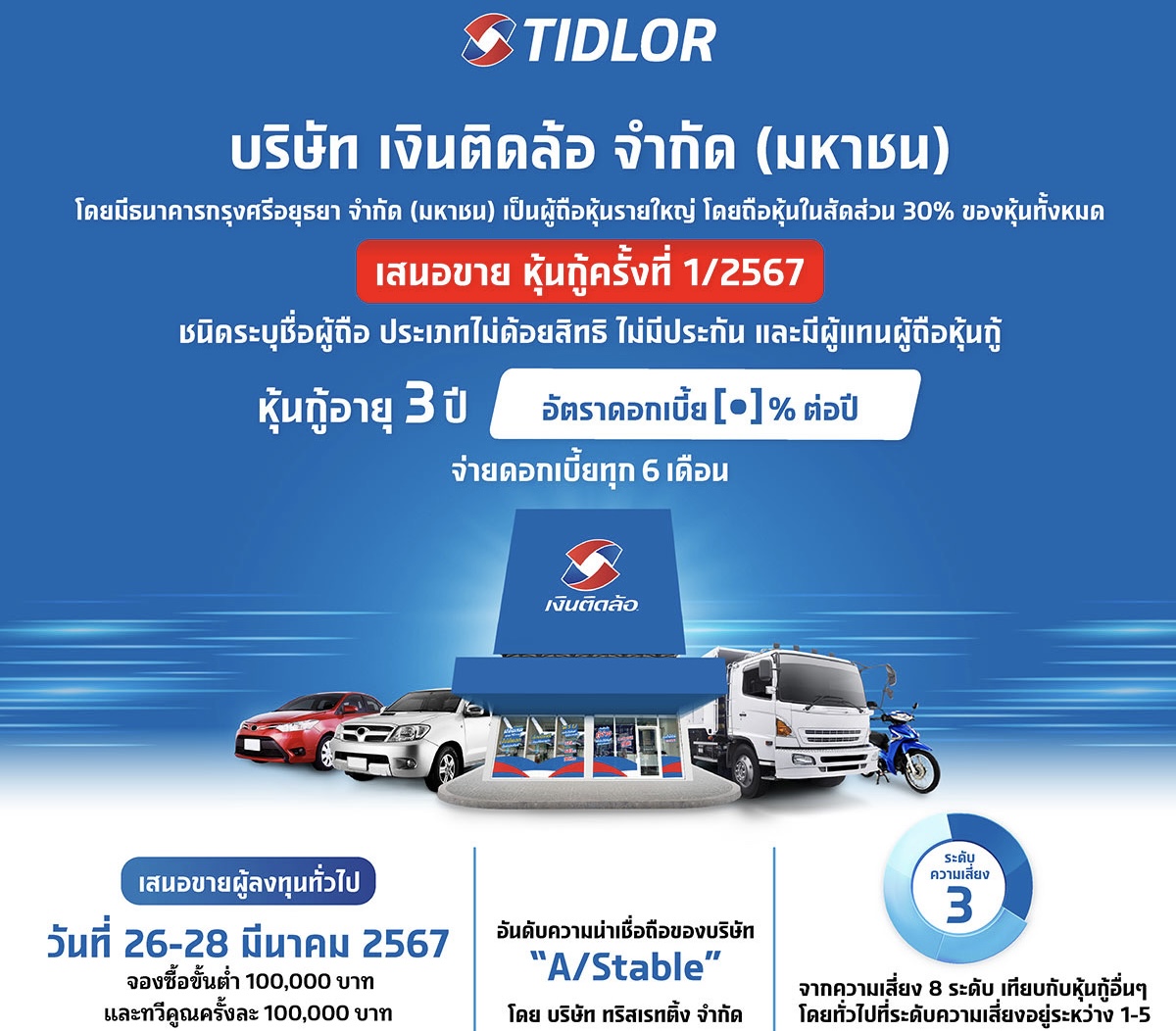 TIDLOR จ่อออกหุ้นกู้ใหม่ อายุ 3 ปี คาดเปิดจองซื้อ 26-28 มี.ค.นี้